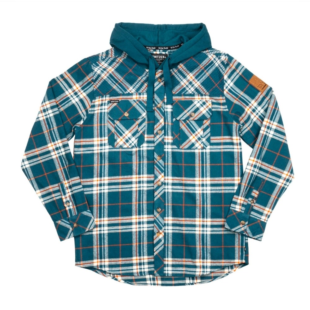 Howitzer Squad Mens Longsleeve Hooded Flannel Shirt Dark Teal Plaid 371WV062